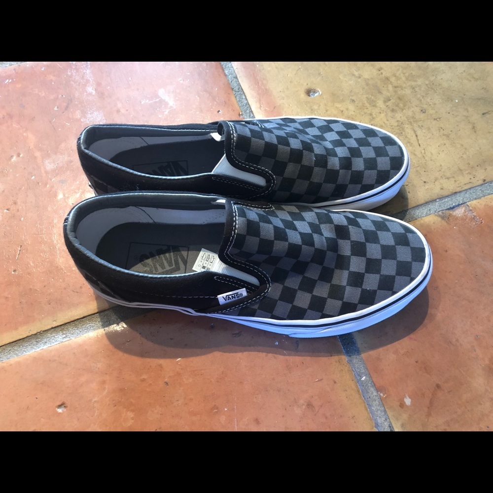 Grey/black checkered slip on vans